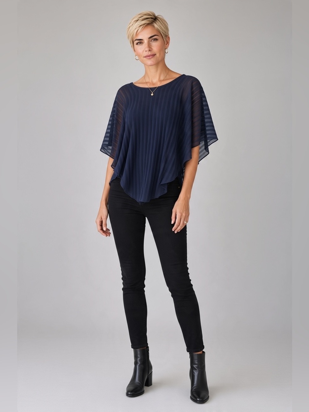 Women’s Papaya Navy Blue Pleated Sheer Overlay Tunic Top with batwing sleeves